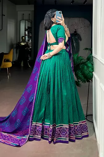 Women Bandhej Print Tasar Silk Free Size Lehenga Choli Set with Gamthi Embroidery Blouse