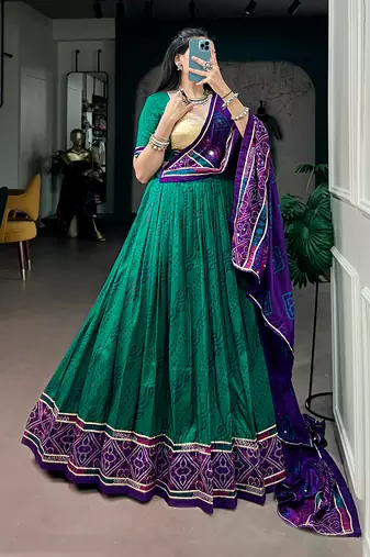 Women Bandhej Print Tasar Silk Free Size Lehenga Choli Set with Gamthi Embroidery Blouse