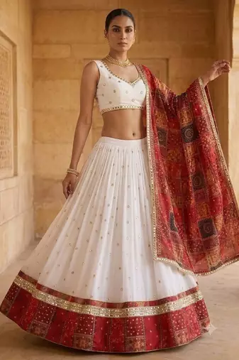 White Georgette Navratri Lehenga Choli With Dupatta