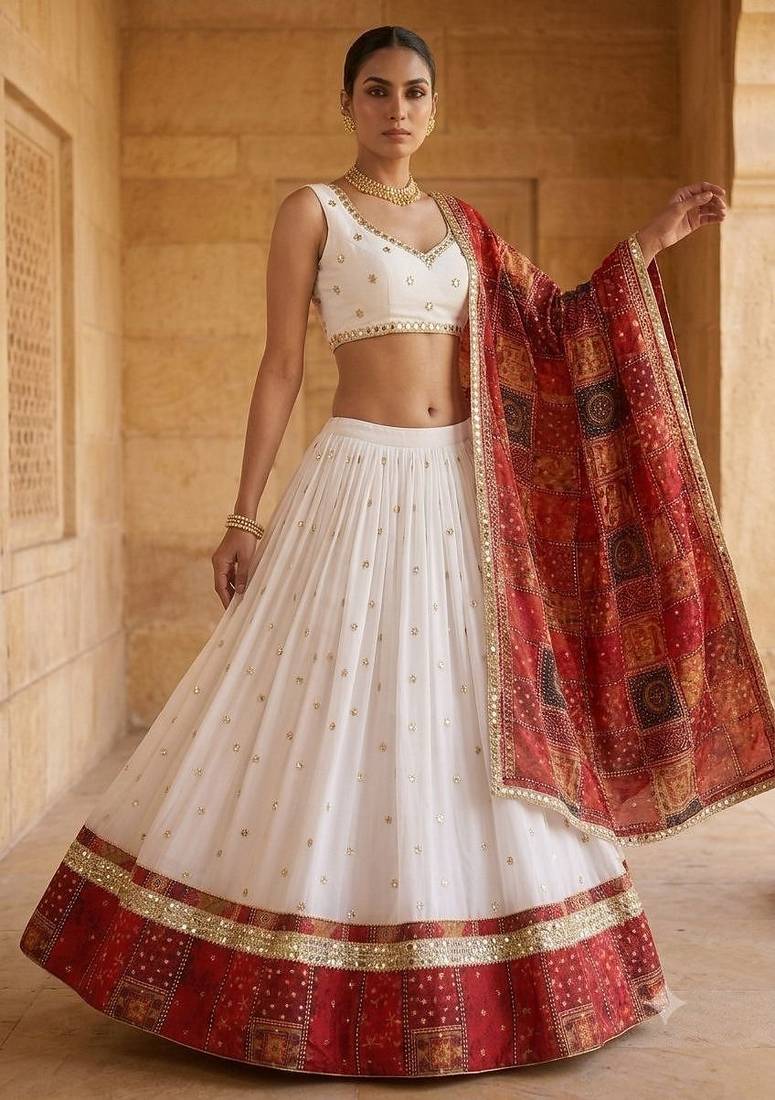 White Georgette Navratri Lehenga Choli With Dupatta