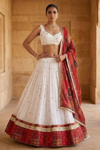 White Georgette Navratri Lehenga Choli With Dupatta