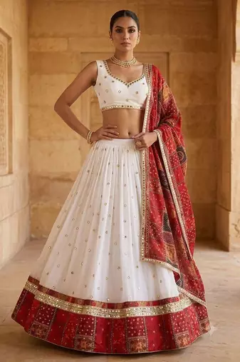 White Georgette Navratri Lehenga Choli With Dupatta