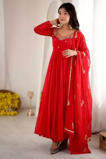 Red heavy embroidered neck georgette anarkali suit set for women