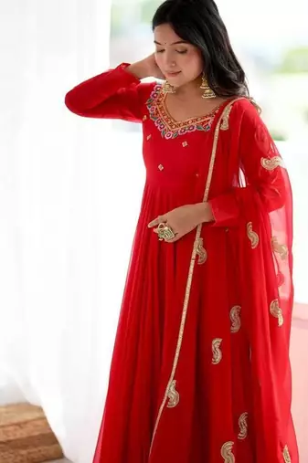 Red heavy embroidered neck georgette anarkali suit set for women