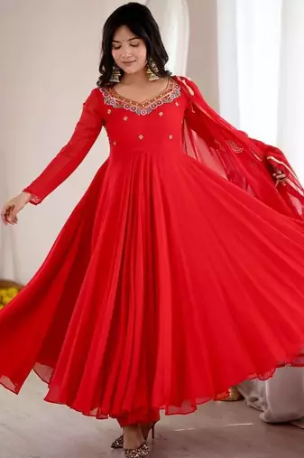 Red heavy embroidered neck georgette anarkali suit set for women