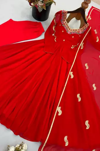 Red heavy embroidered neck georgette anarkali suit set for women