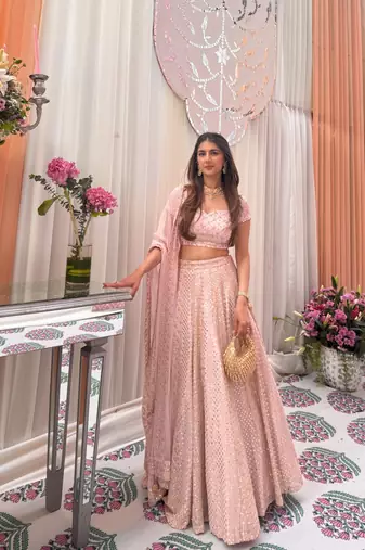 Baby Pink Embroidered Georgette Lehenga Set For Women's