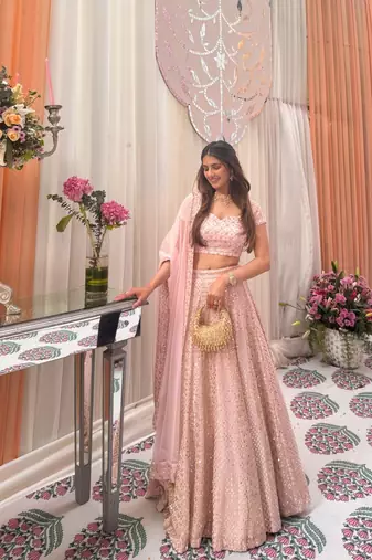 Baby Pink Embroidered Georgette Lehenga Set For Women's