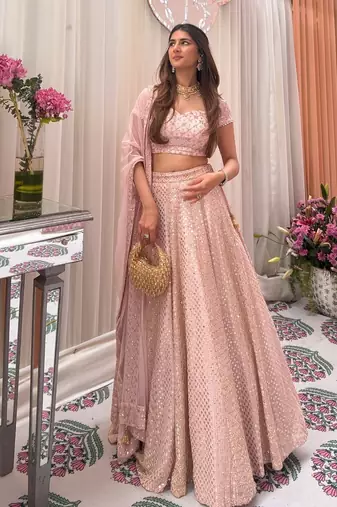 Baby Pink Embroidered Georgette Lehenga Set For Women's