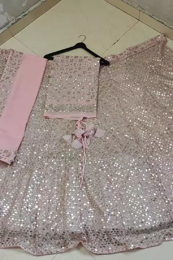 Baby Pink Embroidered Georgette Lehenga Set For Women's