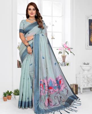 blue jacquard cotton blend saree with blouse  1