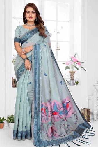 blue jacquard cotton blend saree with blouse 