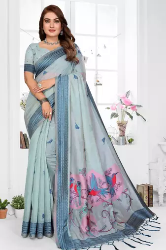 blue jacquard cotton blend saree with blouse 