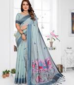 blue jacquard cotton blend saree with blouse 