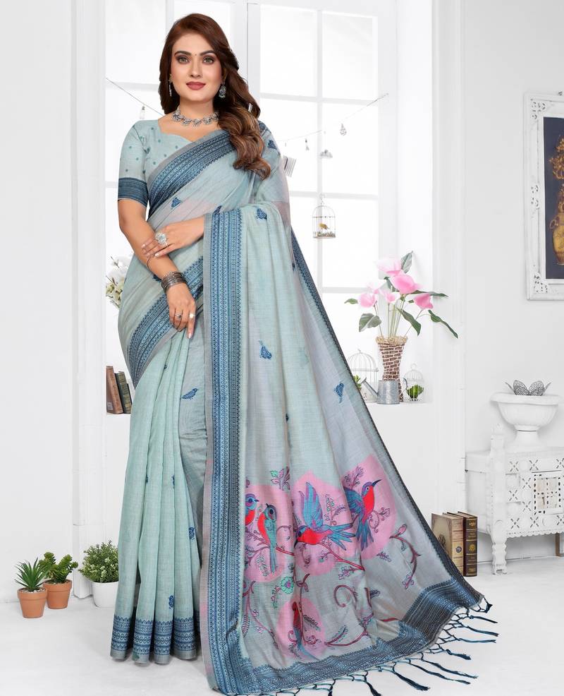 blue jacquard cotton blend saree with blouse 