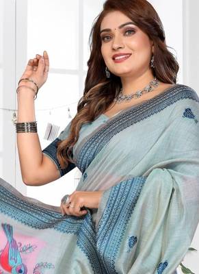 blue jacquard cotton blend saree with blouse  2