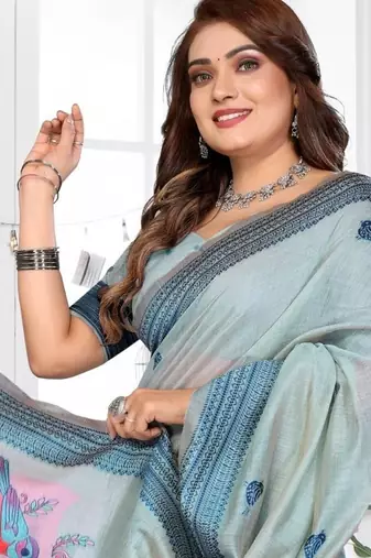 blue jacquard cotton blend saree with blouse 