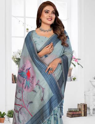blue jacquard cotton blend saree with blouse  3