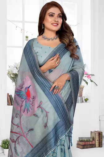 blue jacquard cotton blend saree with blouse 