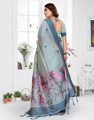 blue jacquard cotton blend saree with blouse  4