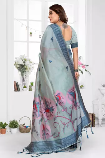 blue jacquard cotton blend saree with blouse 