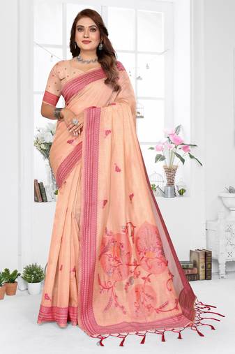 peach jacquard cotton blend saree with blouse 
