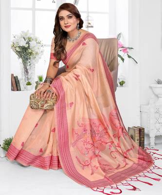 peach jacquard cotton blend saree with blouse  2