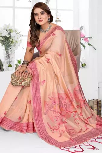 peach jacquard cotton blend saree with blouse 