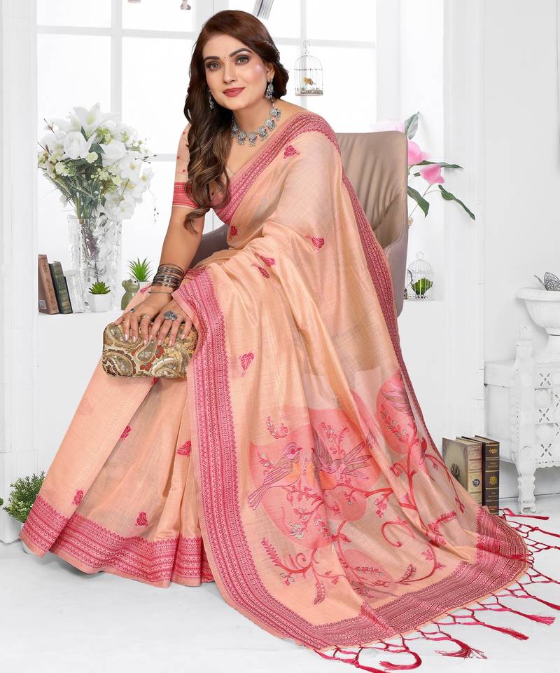 peach jacquard cotton blend saree with blouse 