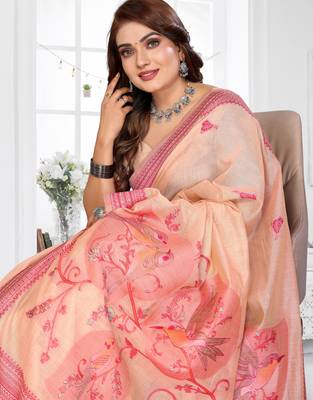 peach jacquard cotton blend saree with blouse  3