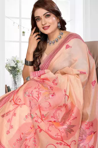 peach jacquard cotton blend saree with blouse 