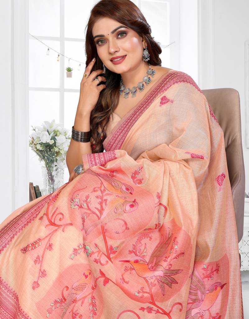 peach jacquard cotton blend saree with blouse 