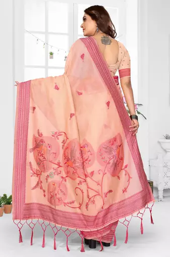 peach jacquard cotton blend saree with blouse 