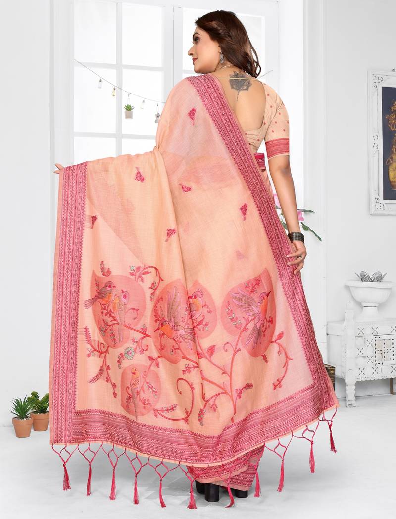 peach jacquard cotton blend saree with blouse 