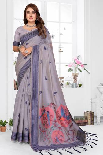 lavender jacquard cotton blend saree with blouse 