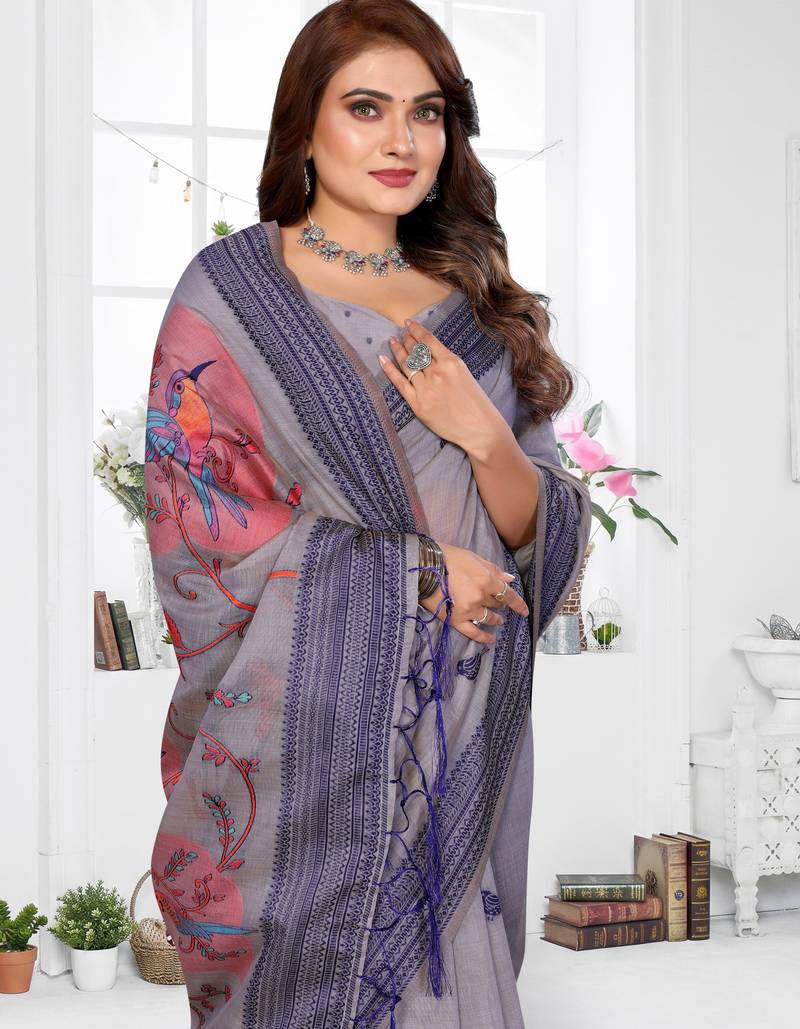 lavender jacquard cotton blend saree with blouse 