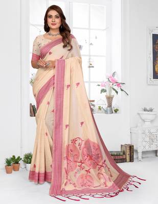 beige jacquard cotton blend saree with blouse  1