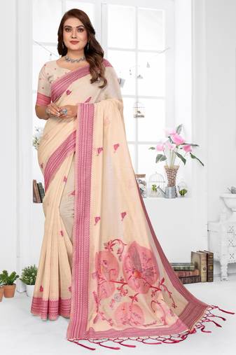 beige jacquard cotton blend saree with blouse 