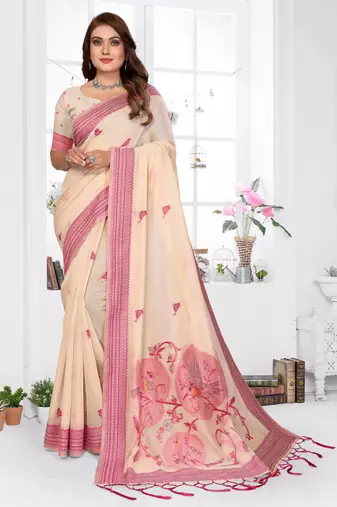 beige jacquard cotton blend saree with blouse 
