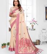 beige jacquard cotton blend saree with blouse 