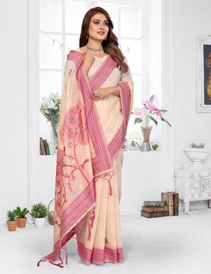 beige jacquard cotton blend saree with blouse  2