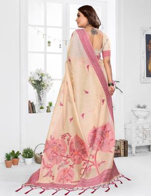 beige jacquard cotton blend saree with blouse  4
