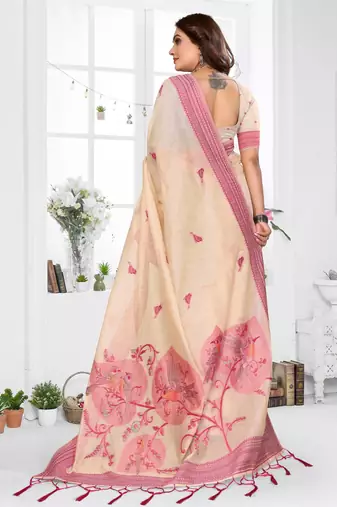 beige jacquard cotton blend saree with blouse 