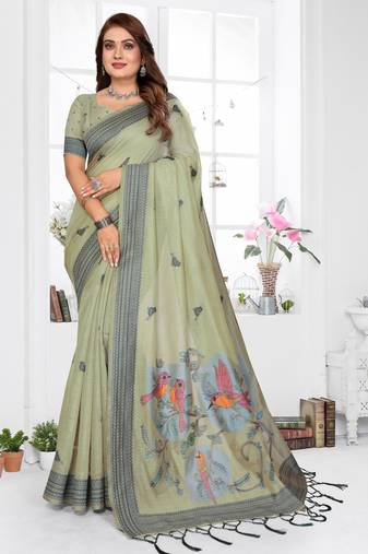 sage jacquard cotton blend saree with blouse 