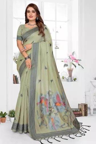 sage jacquard cotton blend saree with blouse 