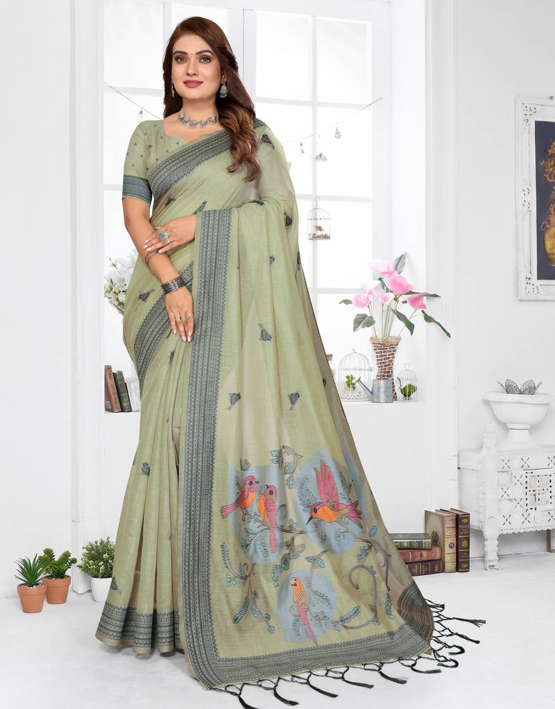 sage jacquard cotton blend saree with blouse 
