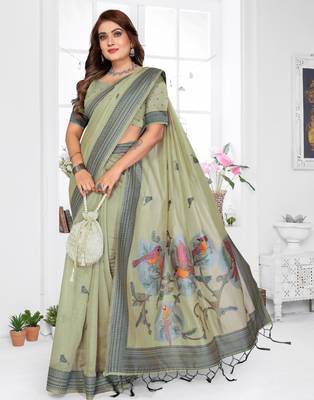 sage jacquard cotton blend saree with blouse  2