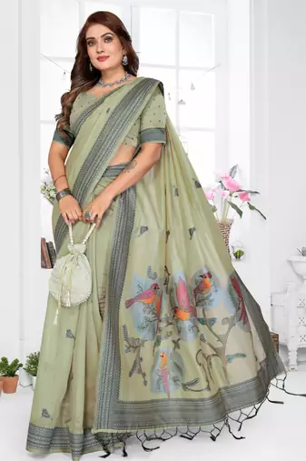 sage jacquard cotton blend saree with blouse 