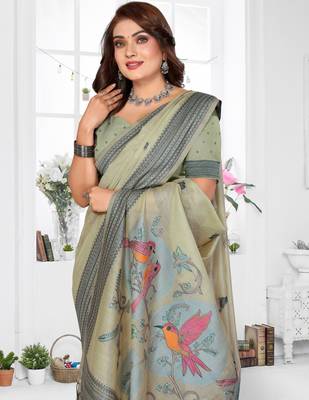 sage jacquard cotton blend saree with blouse  3