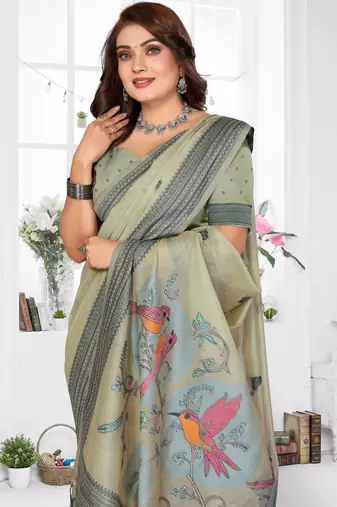 sage jacquard cotton blend saree with blouse 